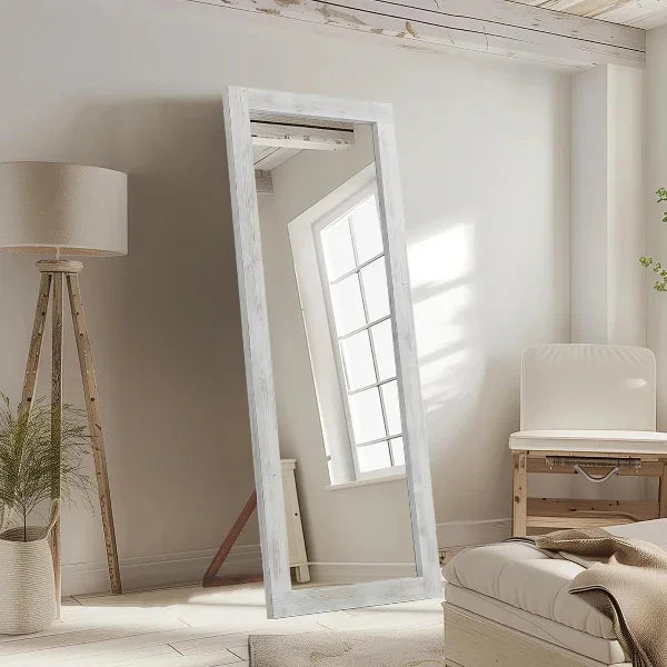 Rustic Farmhouse Full Length Mirror | Wood Floor Mirror in Weathering White