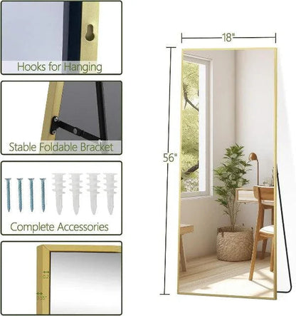 Gold Full Length Floor Mirror | Aluminum Frame Standing Mirror for Bedroom & Living Room