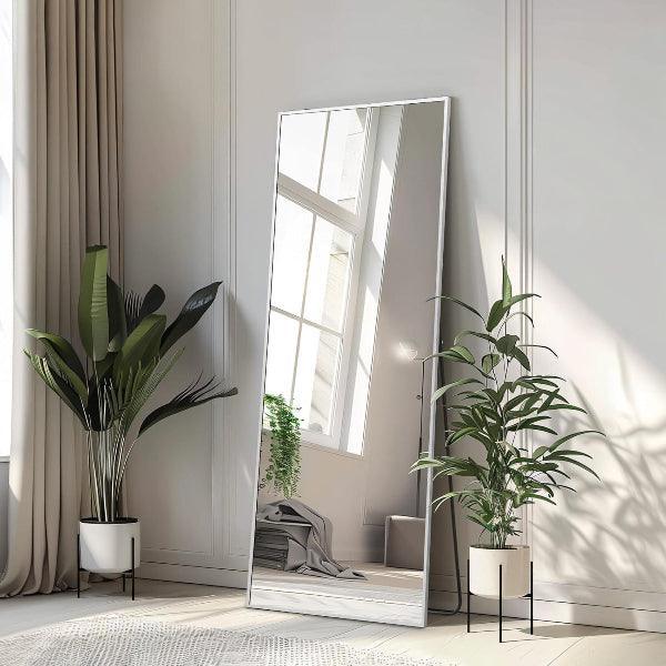 Silver Full Length Mirror | Aluminum Frame Floor Mirror with Stand