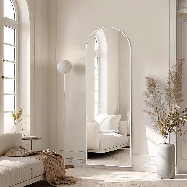 White Arched Full Length Mirror | Aluminum Frame Leaning Mirror for Bedroom & Living Room