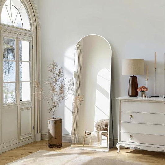 White Arched Full Length Mirror | Aluminum Frame Leaning Mirror for Bedroom & Living Room