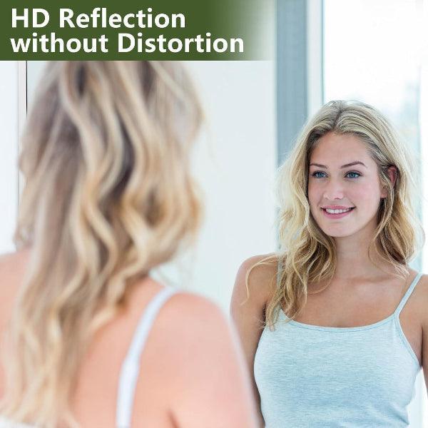Woman looking at herself in a mirror with text 'HD Reflection without Distortion'.