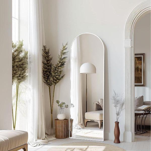 White Arched Full Length Mirror | Aluminum Frame Leaning Mirror for Bedroom & Living Room