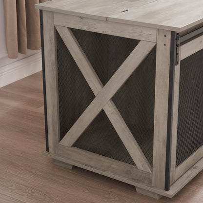Wooden Dog Crate Furniture with Barn Door - Farmhouse Dog Cage End Table with Storage - Aypars Atelier