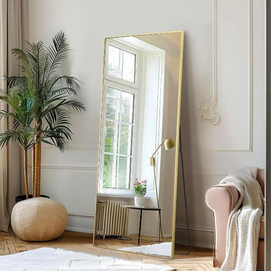 Gold Full Length Floor Mirror | Aluminum Frame Standing Mirror for Bedroom & Living Room