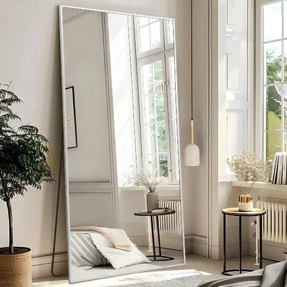 Silver Full Length Mirror | Aluminum Frame Floor Mirror with Stand