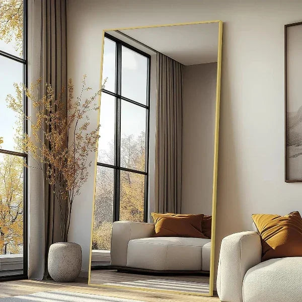 Gold Full Length Floor Mirror | Aluminum Frame Standing Mirror for Bedroom & Living Room