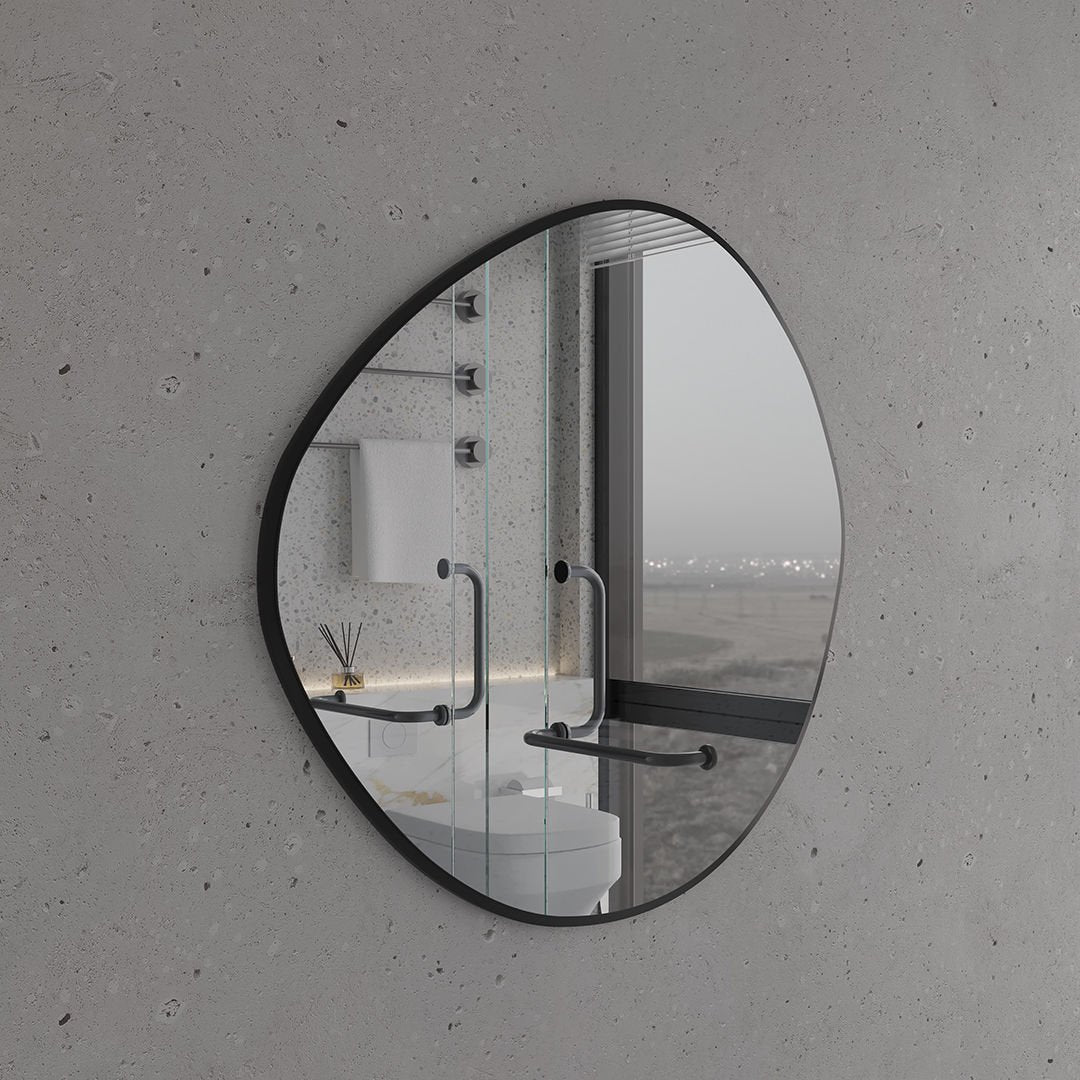 Irregular Round Bathroom Mirror – Modern Organic Wall Mirror with Black Frame