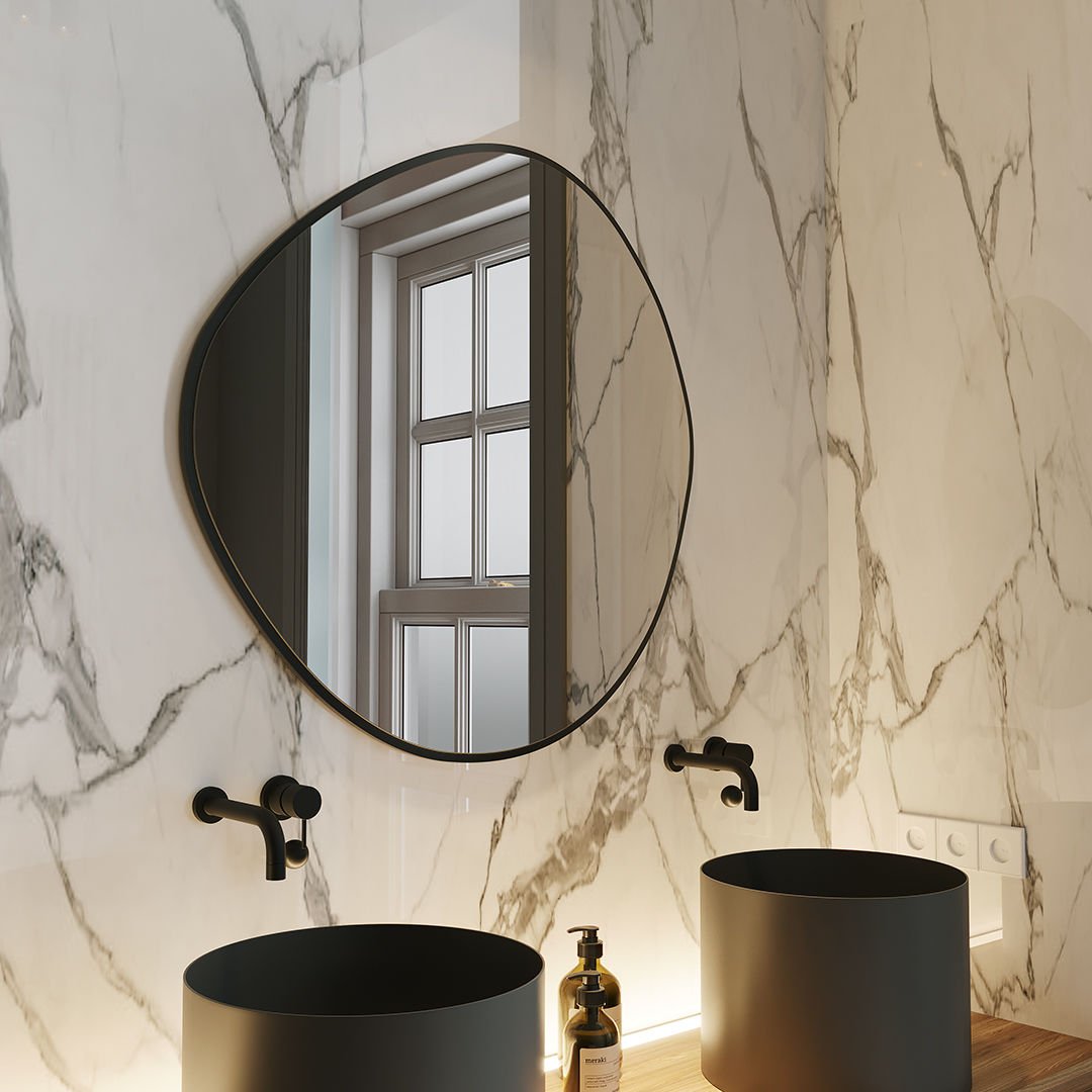 Irregular Round Bathroom Mirror – Modern Organic Wall Mirror with Black Frame
