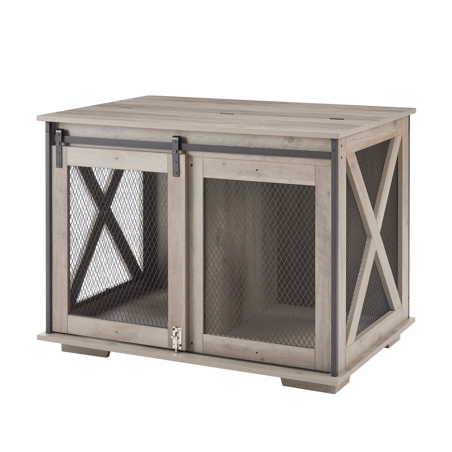 Wooden Dog Crate Furniture with Barn Door - Farmhouse Dog Cage End Table with Storage - Aypars Atelier