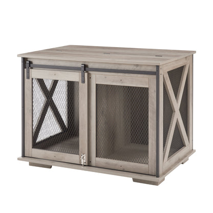 Wooden Dog Crate Furniture with Barn Door - Farmhouse Dog Cage End Table with Storage - Aypars Atelier
