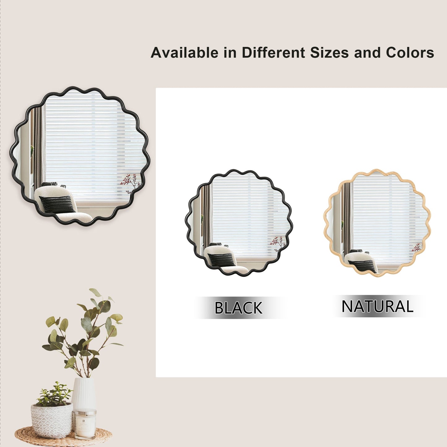 Black Wavy Wood Mirror - Solid Wood Frame Wall Mirror