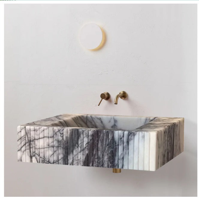 Luxury Marble Bathroom Sink – New York Marble Wall-Mount Vanity with Fluted Front (12” x 20” x 5”)