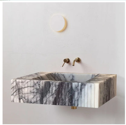 Luxury Marble Bathroom Sink – New York Marble Wall-Mount Vanity with Fluted Front (12” x 20” x 5”)