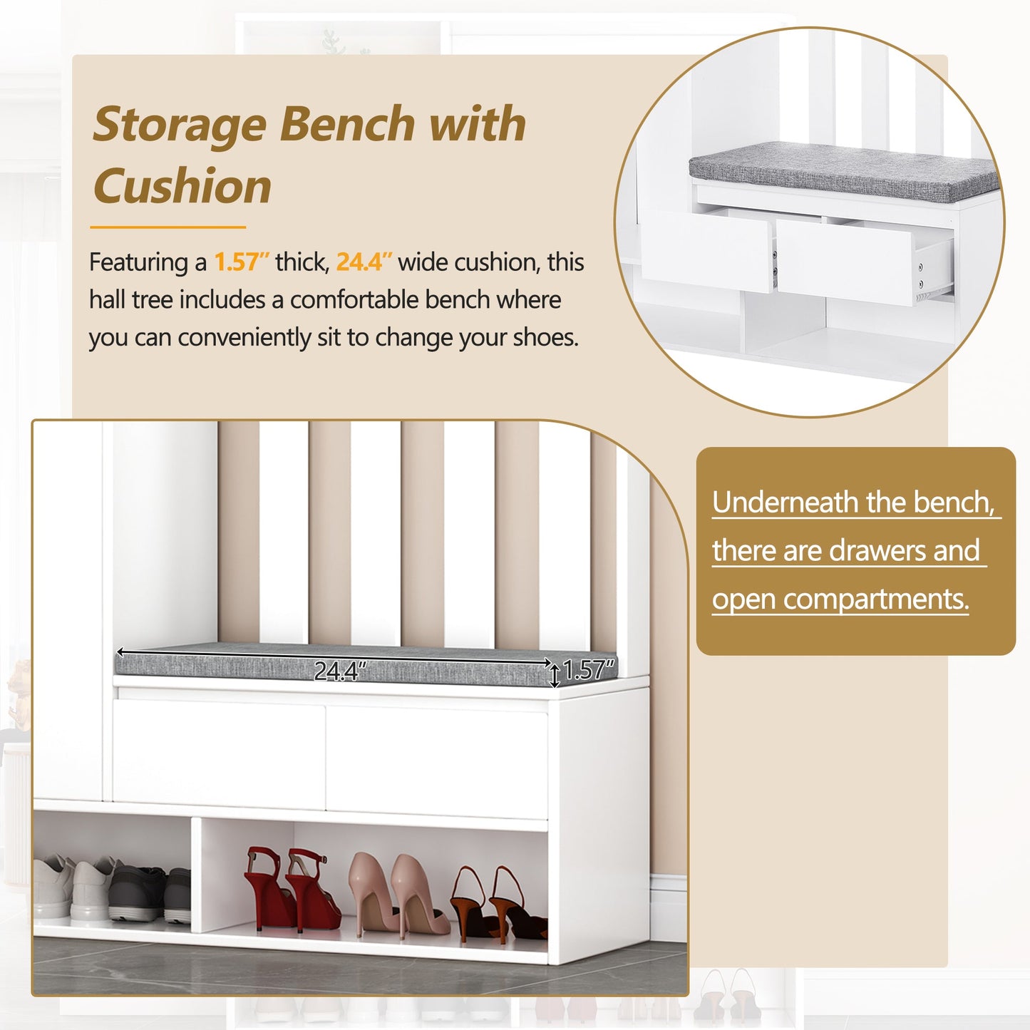 Hall Tree with Storage Bench & Shoe Cabinet - Entryway Coat Rack with Hooks & Pegboard White - Aypars Atelier