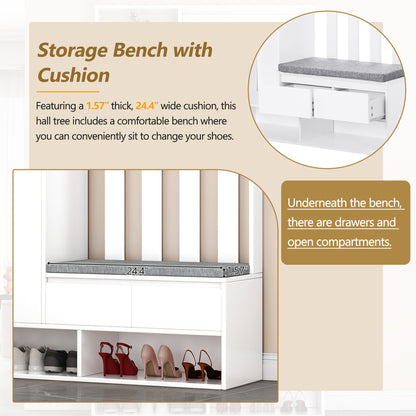 Hall Tree with Storage Bench & Shoe Cabinet - Entryway Coat Rack with Hooks & Pegboard White - Aypars Atelier
