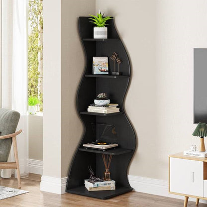 Modern 5 Shelf Corner Bookcase | Black Wood Storage Unit for Office & Living Room