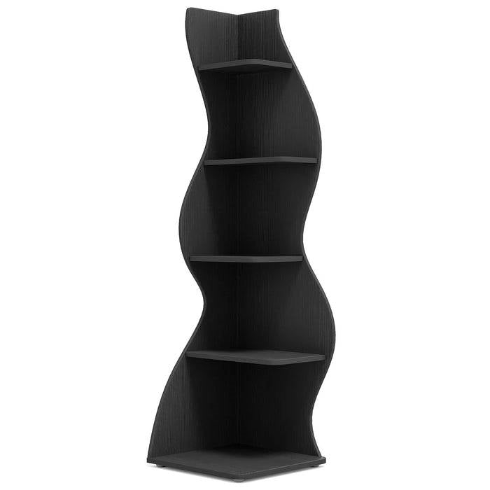 Modern 5 Shelf Corner Bookcase | Black Wood Storage Unit for Office & Living Room