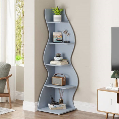 Modern Whimsical 5 Shelf Corner Bookcase | Blue Wood Storage Stand for Office & Living Room