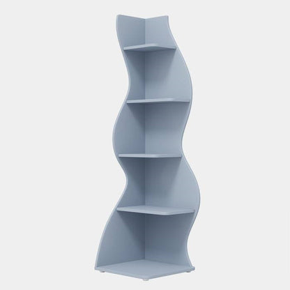 Modern Whimsical 5 Shelf Corner Bookcase | Blue Wood Storage Stand for Office & Living Room