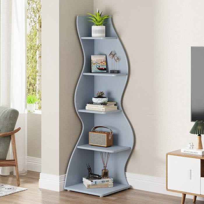 Modern Whimsical 5 Shelf Corner Bookcase | Blue Wood Storage Stand for Office & Living Room