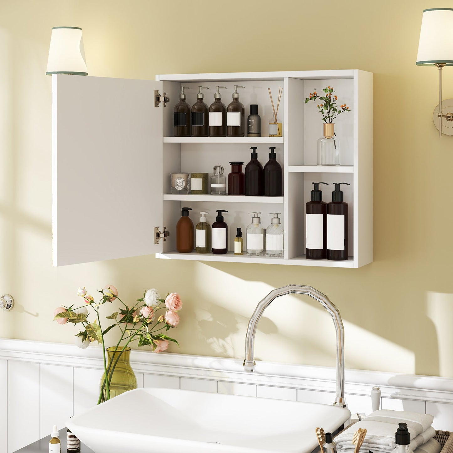 Bathroom Medicine Cabinet with Mirror Door - White Wall Mounted Storage Cabinet
