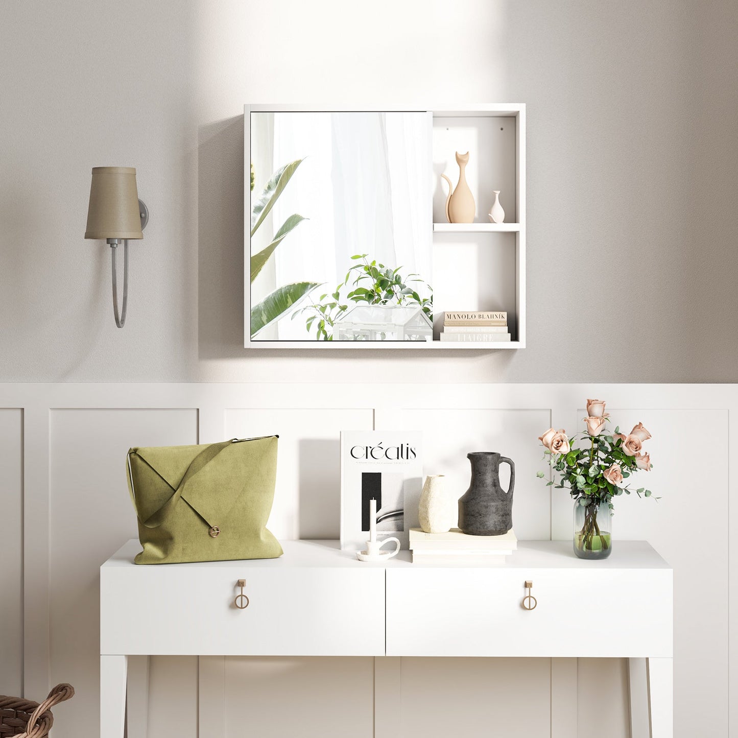 Bathroom Medicine Cabinet with Mirror Door - White Wall Mounted Storage Cabinet