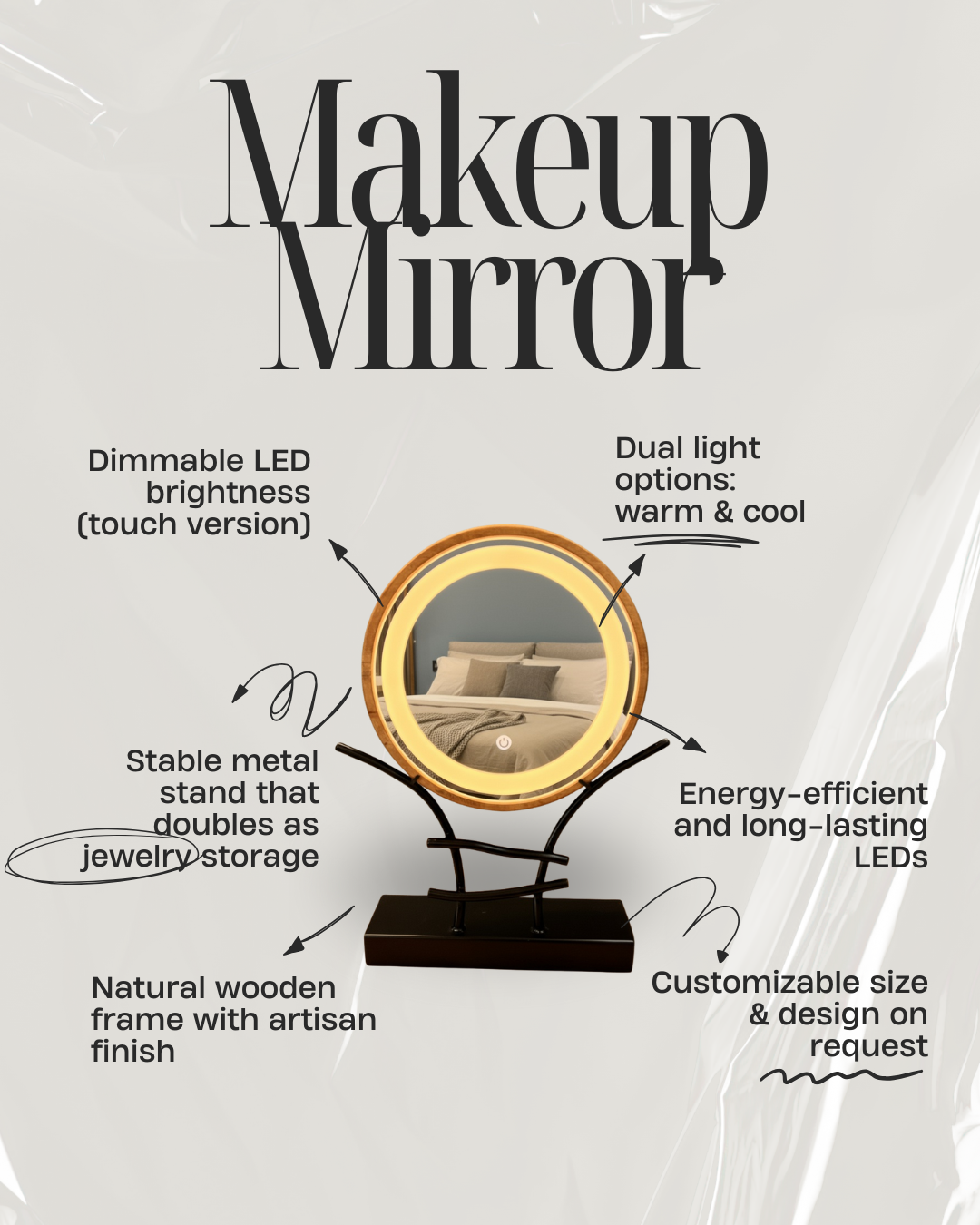 LED Makeup Mirror with Wooden Frame – Dimmable Touch Lighted Vanity Mirror & Jewelry Holder