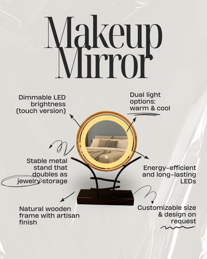 LED Makeup Mirror with Wooden Frame – Dimmable Touch Lighted Vanity Mirror & Jewelry Holder