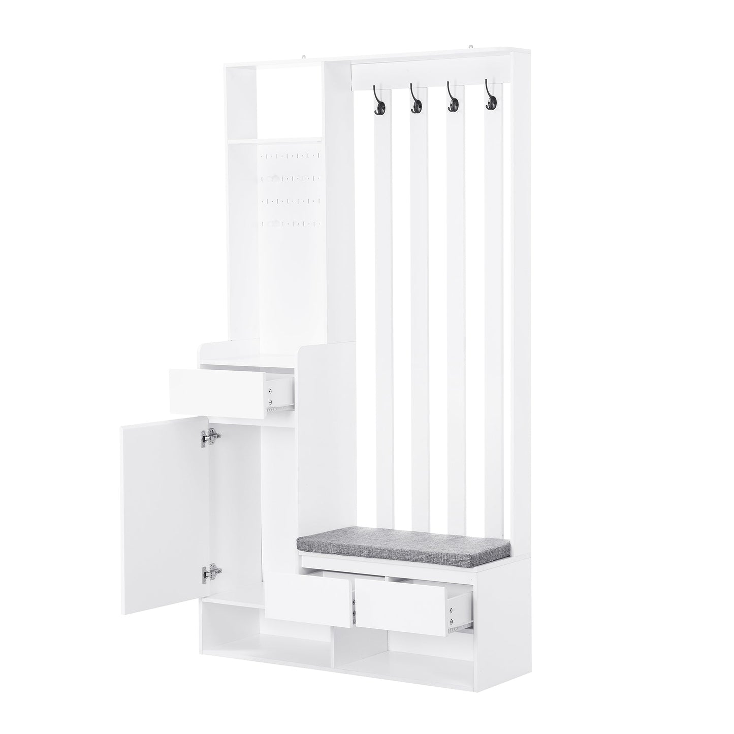 Hall Tree with Storage Bench & Shoe Cabinet - Entryway Coat Rack with Hooks & Pegboard White - Aypars Atelier