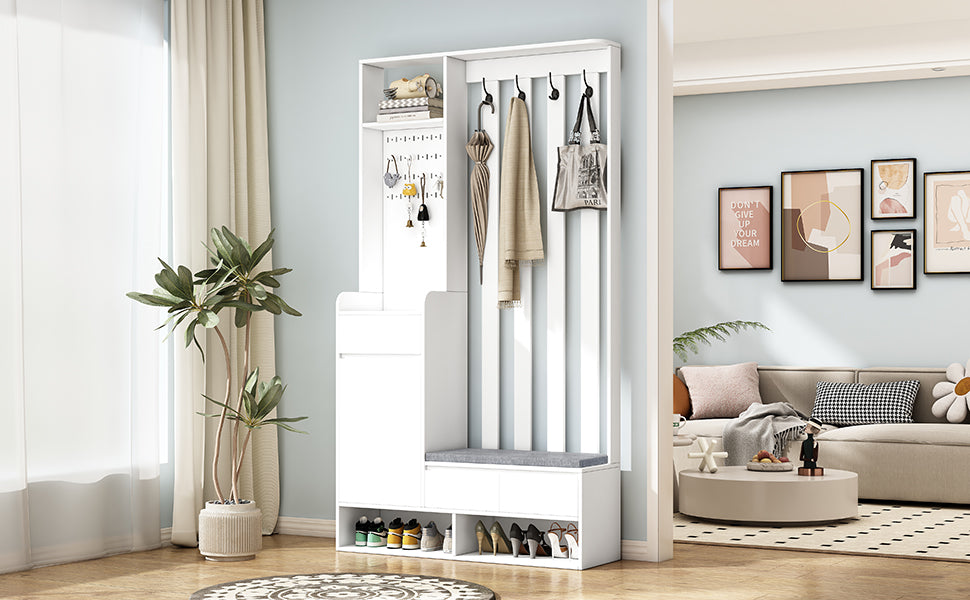 Hall Tree with Storage Bench & Shoe Cabinet - Entryway Coat Rack with Hooks & Pegboard White - Aypars Atelier