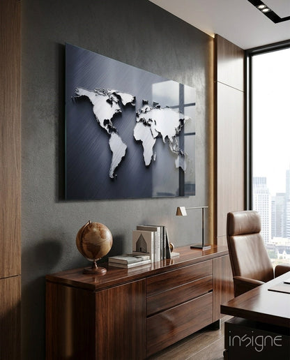 Brushed Steel 3D World Map Glass Wall Art