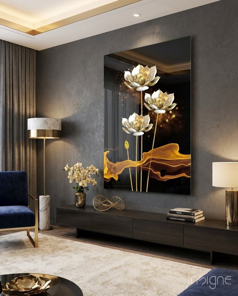 Golden Lotus on Black Flowing Glass Wall Art