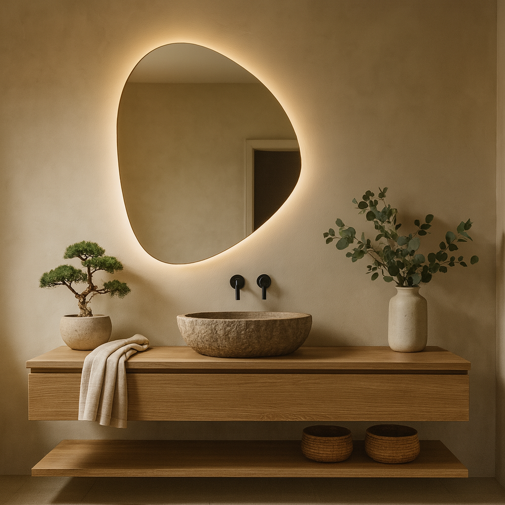Modern LED Bathroom Mirror – Organic Asymmetrical Backlit Wall Mirror with Warm & Cool Light