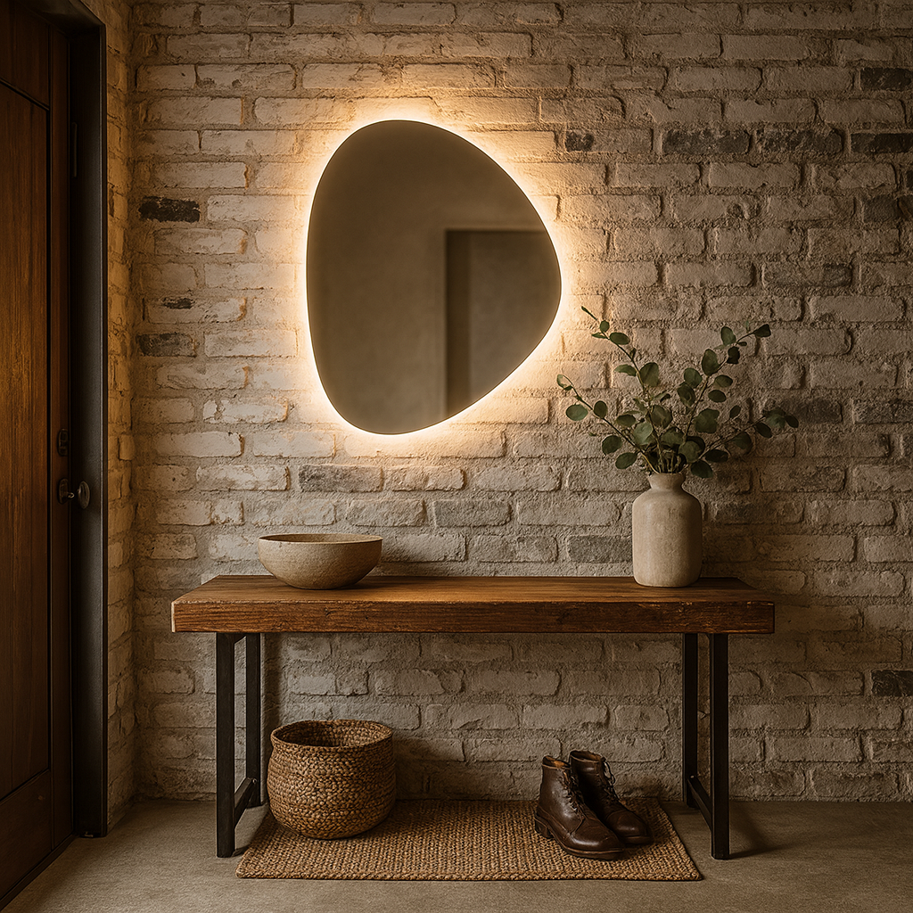 Modern LED Bathroom Mirror – Organic Asymmetrical Backlit Wall Mirror with Warm & Cool Light
