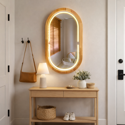Handmade Beech Wood Framed LED Capsule Mirror Dimmable Lighted Wall Mirror