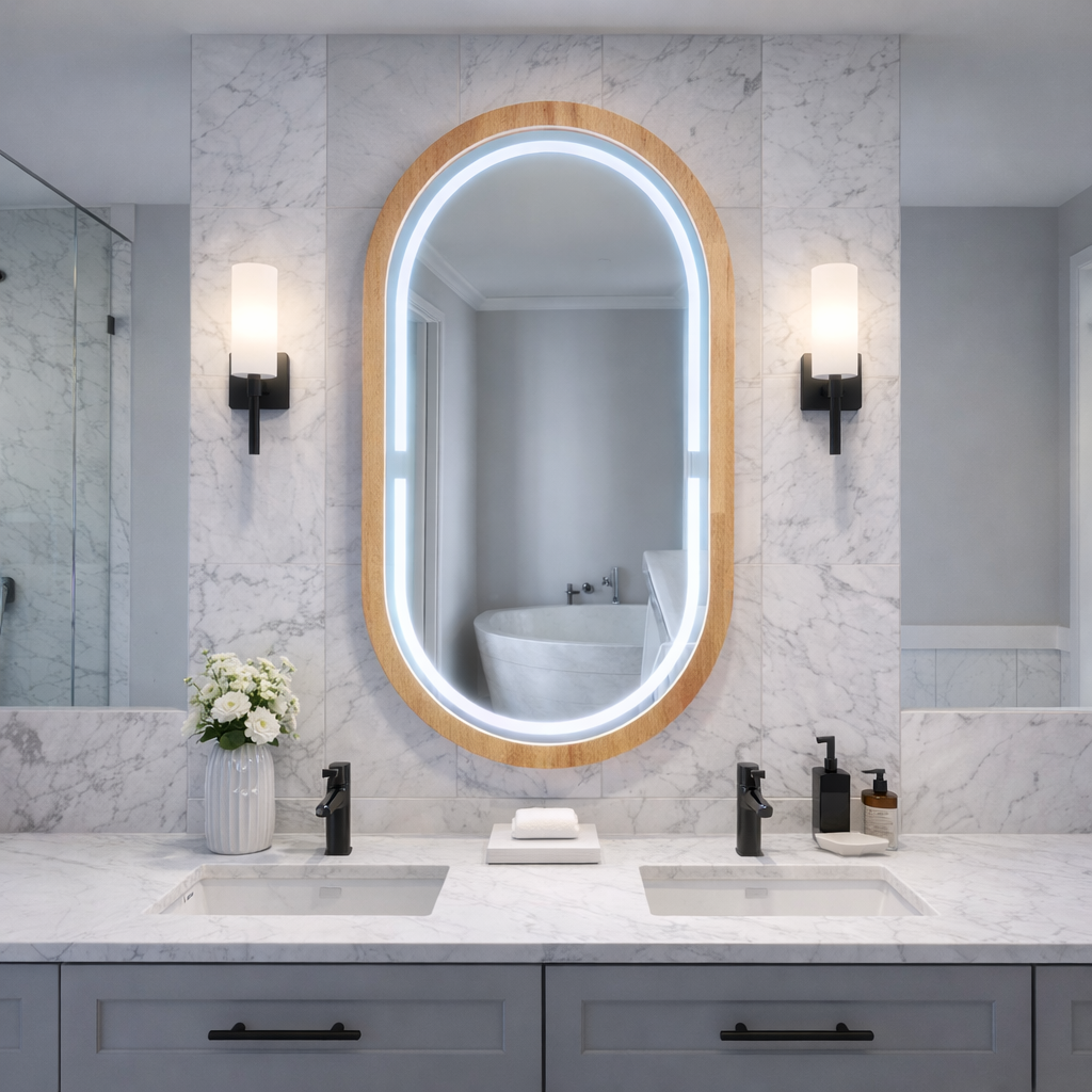 Handmade Beech Wood Framed LED Capsule Mirror Dimmable Lighted Wall Mirror