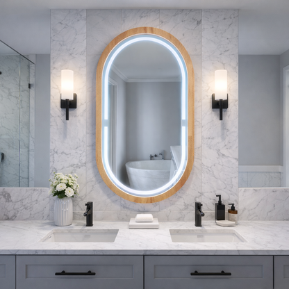 Handmade Beech Wood Framed LED Capsule Mirror Dimmable Lighted Wall Mirror