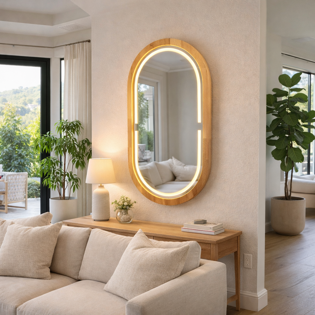 Handmade Beech Wood Framed LED Capsule Mirror Dimmable Lighted Wall Mirror