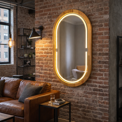 Handmade Beech Wood Framed LED Capsule Mirror Dimmable Lighted Wall Mirror