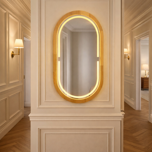 Handmade Beech Wood Framed LED Capsule Mirror Dimmable Lighted Wall Mirror