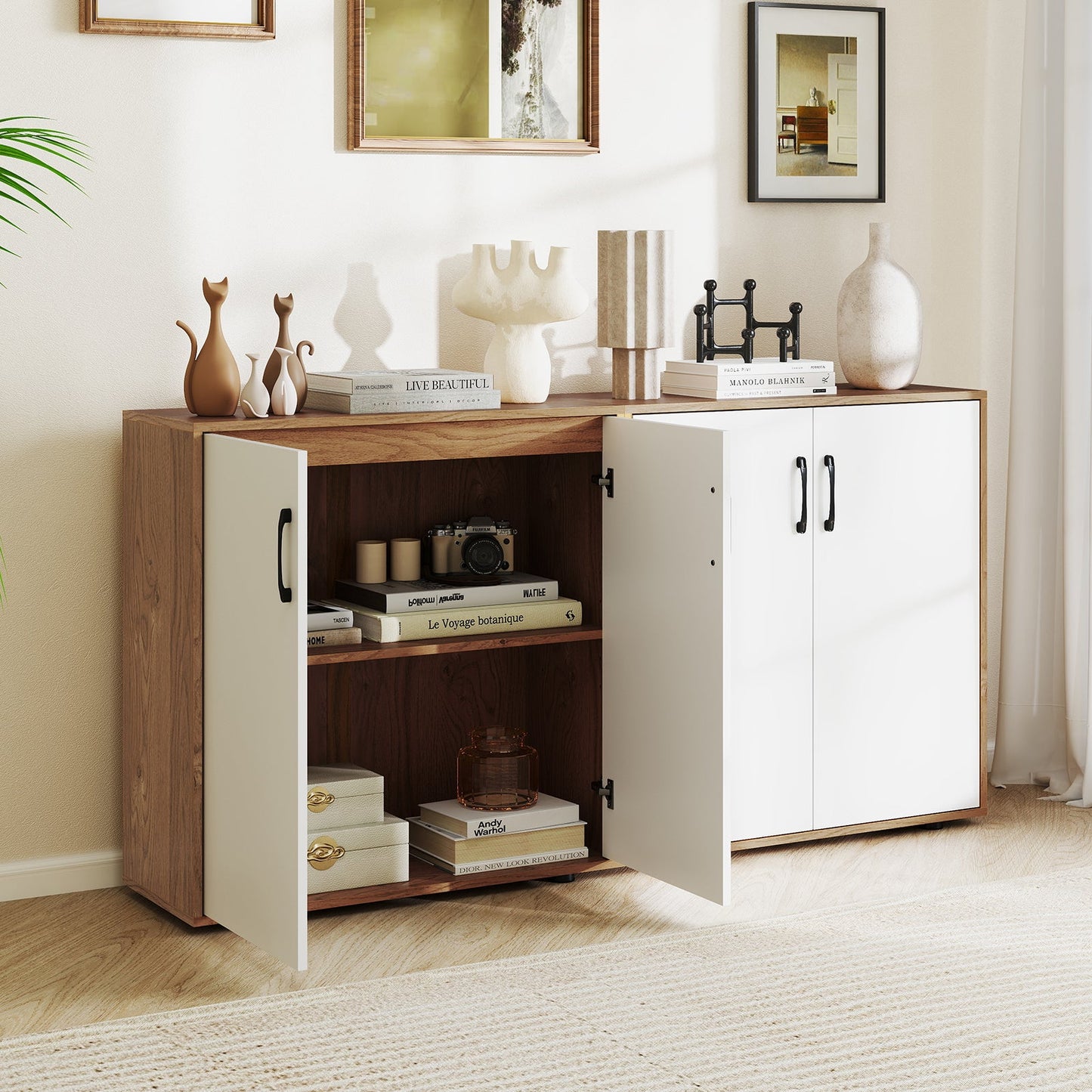 Coffee Bar Cabinet with 5-Position Adjustable Shelf for Living Room Dining Room-Natural