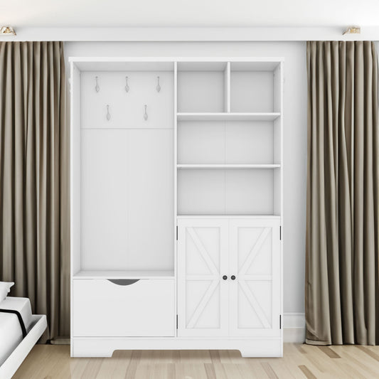 Entryway Hall Tree White - Storage Bench with Shoe Cabinet, Coat Rack & 5 Hooks