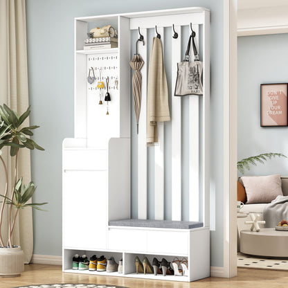 Hall Tree with Storage Bench & Shoe Cabinet - Entryway Coat Rack with Hooks & Pegboard White - Aypars Atelier