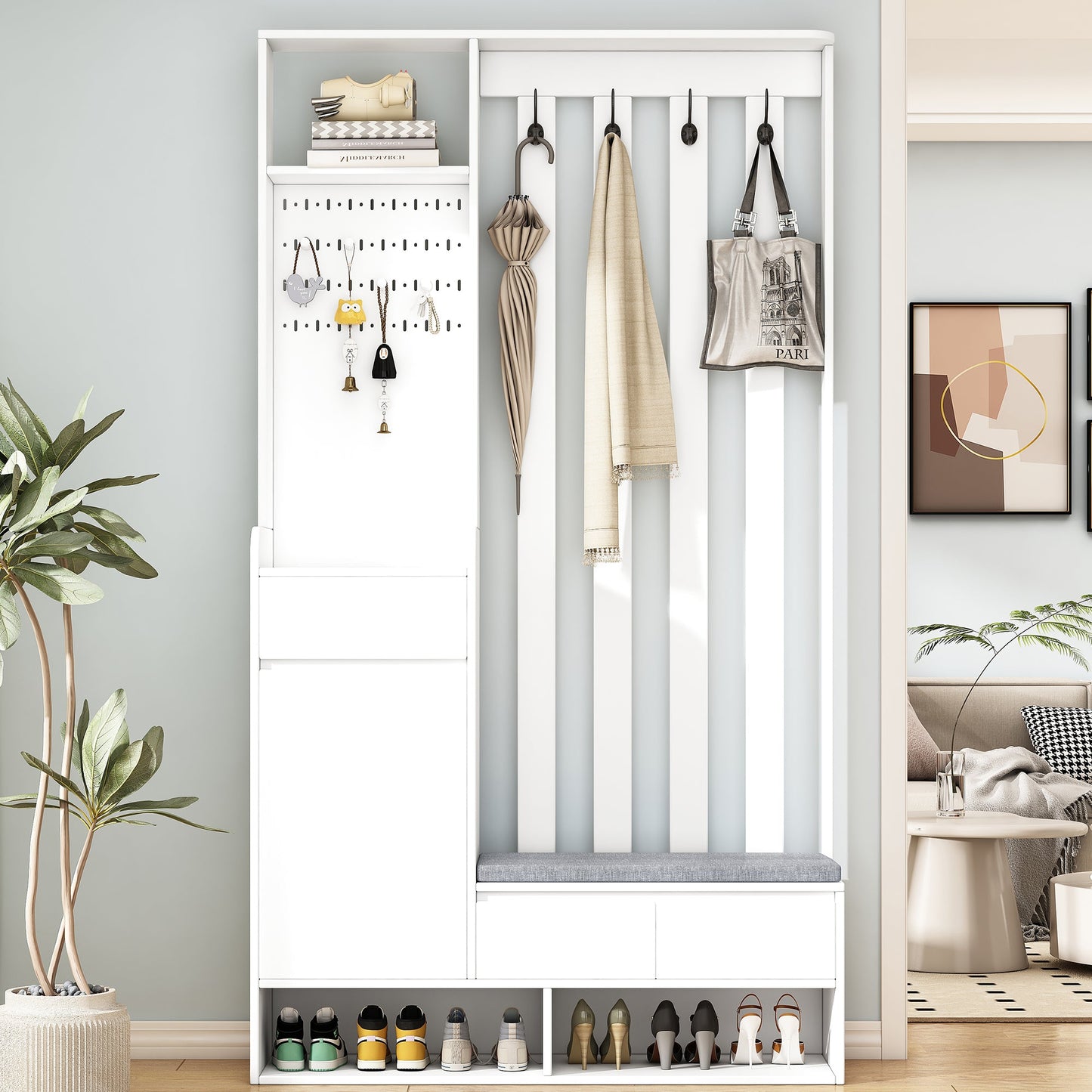 Hall Tree with Storage Bench & Shoe Cabinet - Entryway Coat Rack with Hooks & Pegboard White - Aypars Atelier