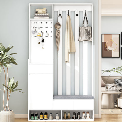 Hall Tree with Storage Bench & Shoe Cabinet - Entryway Coat Rack with Hooks & Pegboard White - Aypars Atelier