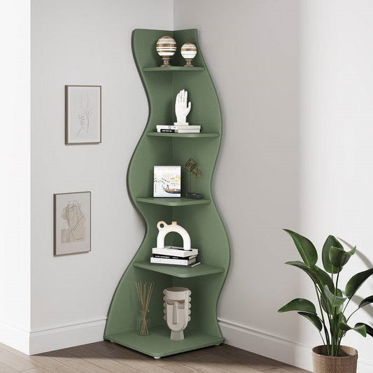 Modern Whimsical 5 Shelf Corner Bookcase | Green Wood Storage Unit for Office & Living Room