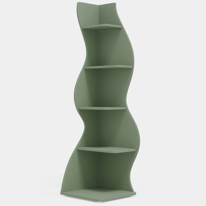 Modern Whimsical 5 Shelf Corner Bookcase | Green Wood Storage Unit for Office & Living Room