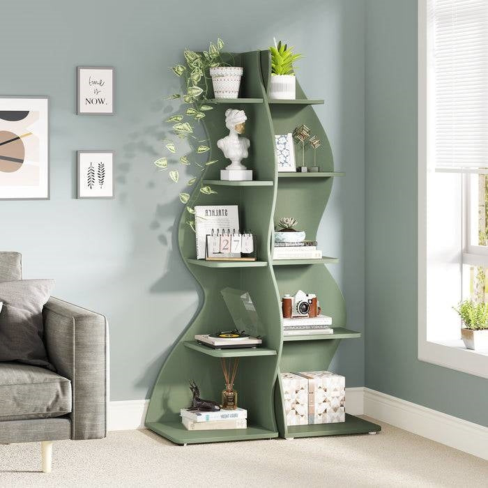 Modern Whimsical 5 Shelf Corner Bookcase | Green Wood Storage Unit for Office & Living Room