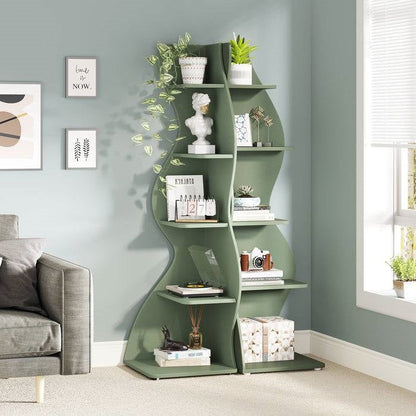 Modern Whimsical 5 Shelf Corner Bookcase | Green Wood Storage Unit for Office & Living Room